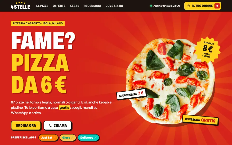 Apertura del sito con la pizza che gira e le offerte