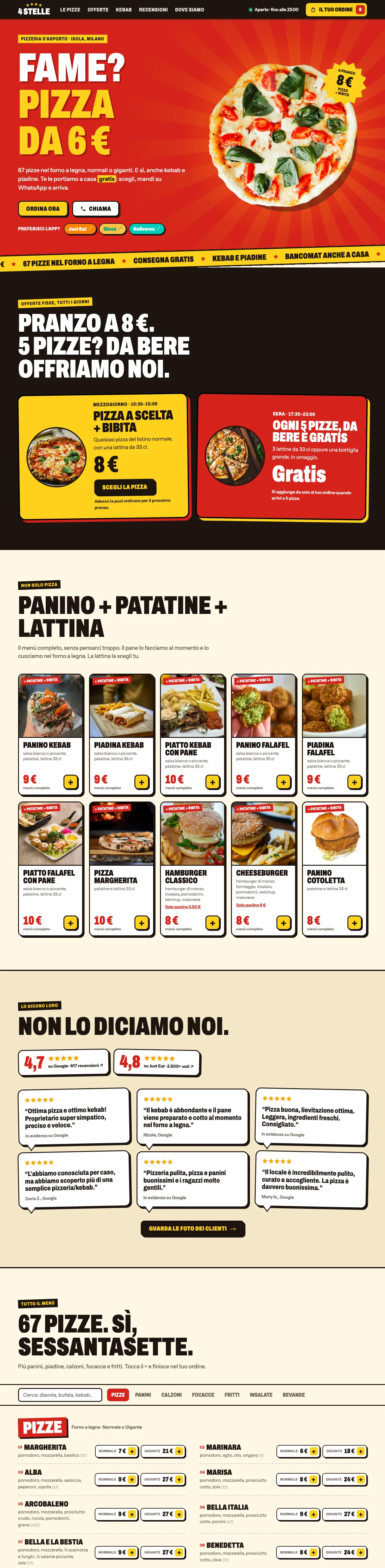 Il sito della Pizzeria 4 Stelle dall’alto: pizza che gira, offerte, menù kebab con patatine e bibita, recensioni