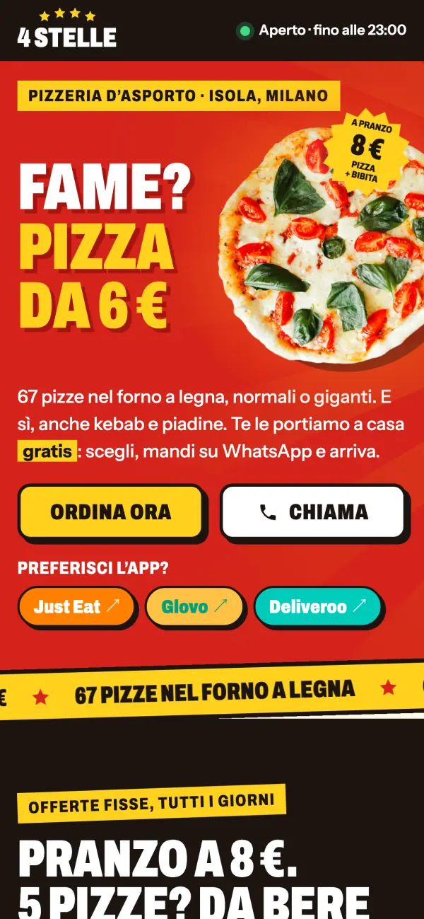 Apertura del sito della pizzeria su telefono