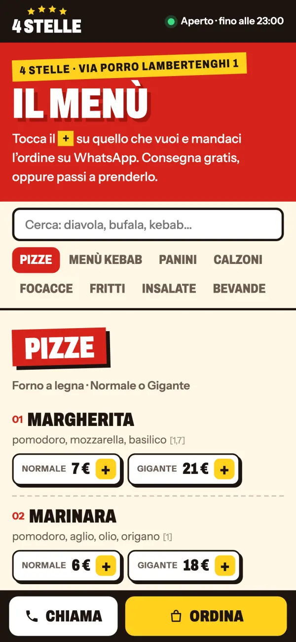 Menù con ricerca e prezzi normale e gigante su telefono