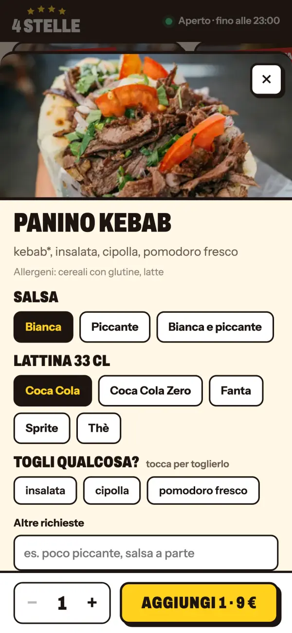 La scheda del panino kebab sul sito: salsa, lattina, ingredienti da togliere e pulsante Aggiungi