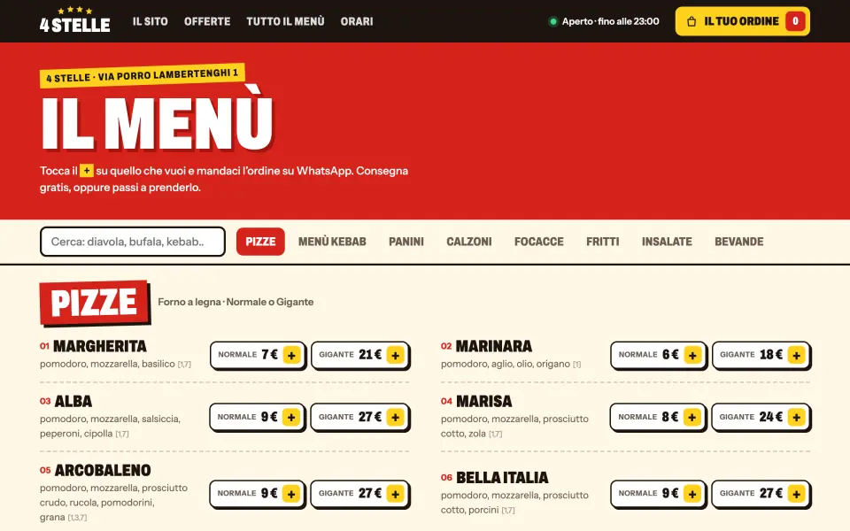 Pagina del menù con ricerca e categorie delle pizze
