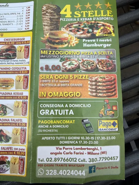Il volantino di carta della pizzeria con offerte, consegna gratuita e numeri di telefono