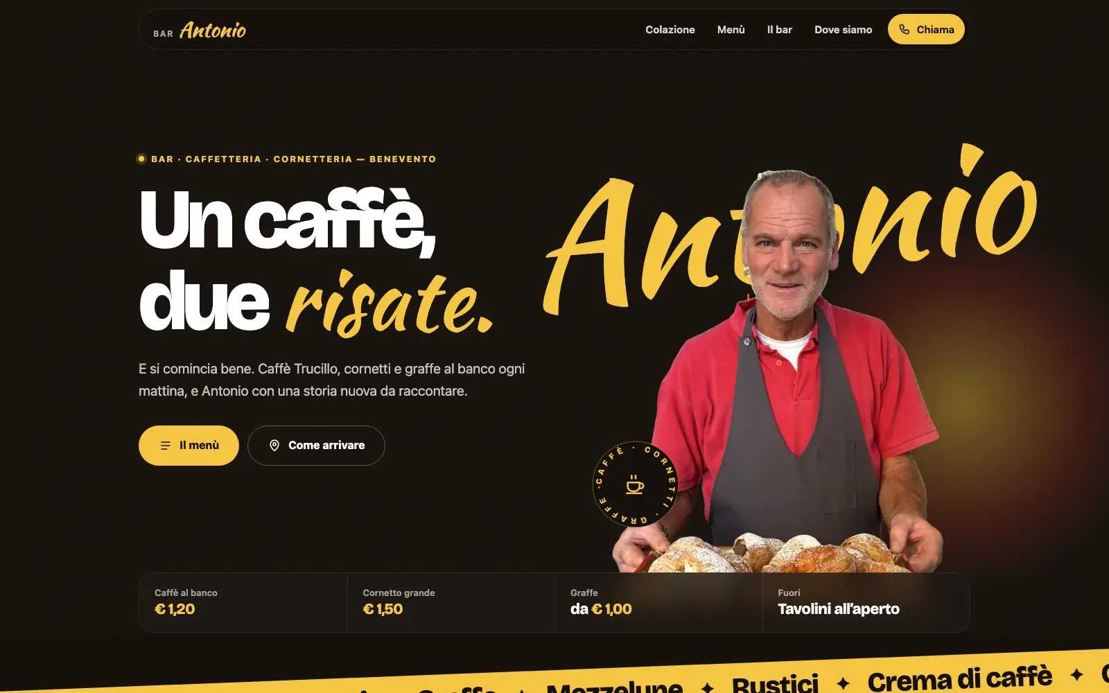 Apertura del sito del Bar Da Antonio: Antonio con il vassoio di cornetti davanti alla scritta gialla