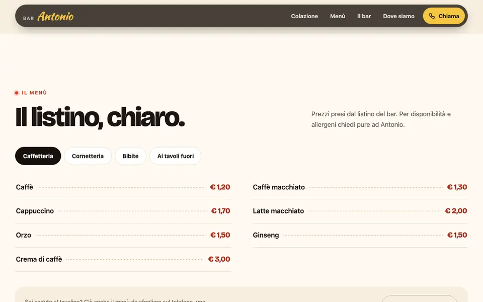 Listino del bar diviso a schede, con i prezzi della caffetteria