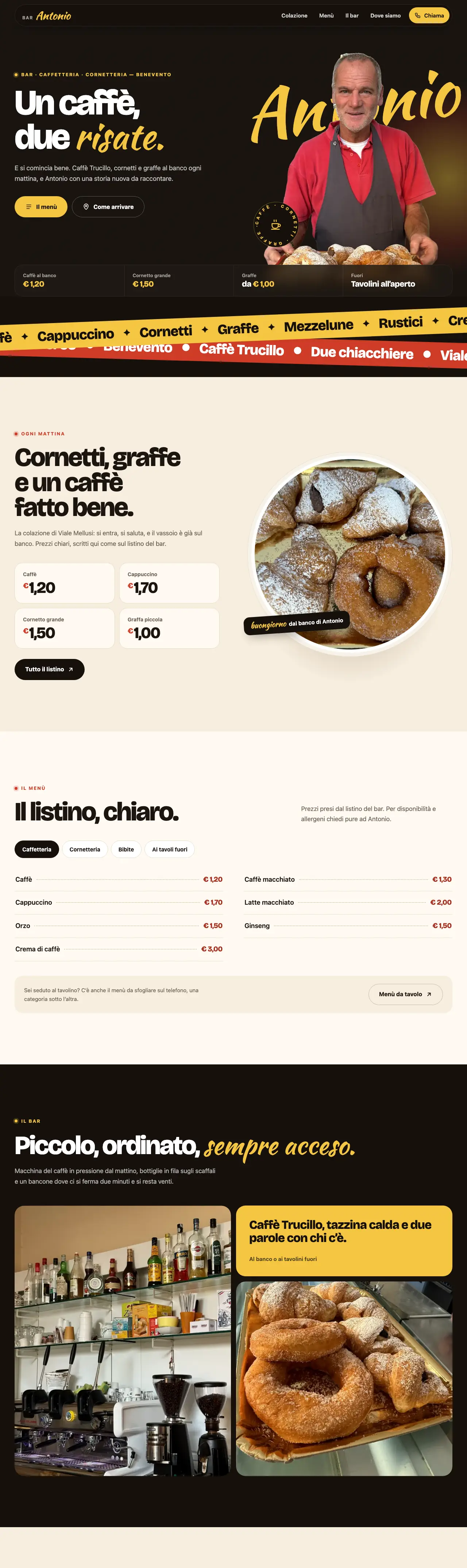Tutto il sito del Bar Da Antonio, dall’apertura con Antonio alla colazione, al listino e alle foto del locale