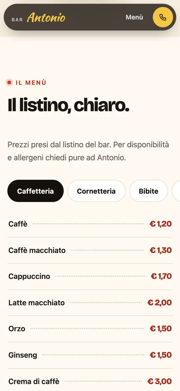 Lo stesso listino sul sito, diviso a schede, visto dal telefono