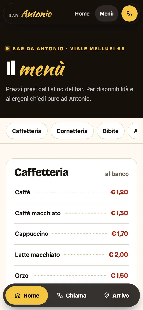 Menù da tavolo su telefono