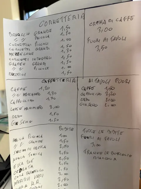 Il vecchio listino del bar: un foglio di carta scritto a mano con i prezzi di cornetti, caffè e bibite