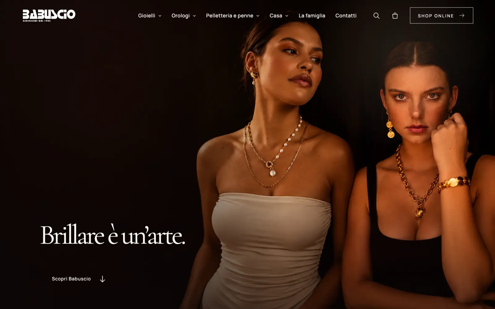 Home page del nuovo sito della Gioielleria Babuscio su computer: foto a tutto schermo e il titolo “Brillare è un’arte.”