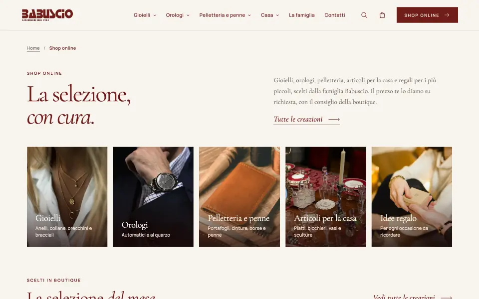 Shop online della Gioielleria Babuscio con le categorie