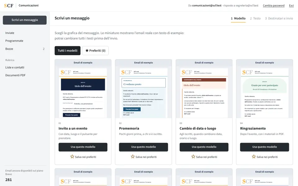 Pagina Comunicazioni: scelta del modello di email tra invito, promemoria, cambio di data e ringraziamento