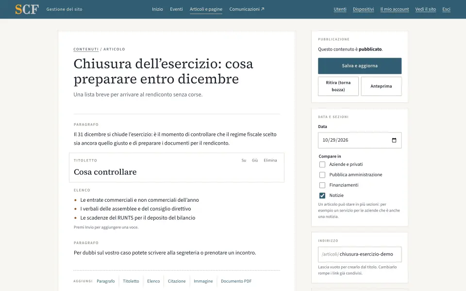 Editor di un articolo a blocchi: paragrafo, titoletto, elenco, con data, sezioni e pulsante Salva e aggiorna
