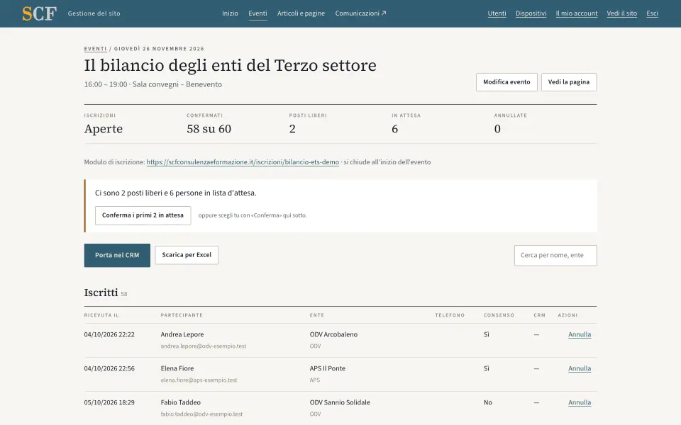 Pagina di un evento nel pannello: posti occupati, lista d’attesa, pulsanti Porta nel CRM e Scarica per Excel, elenco degli iscritti con nomi inventati