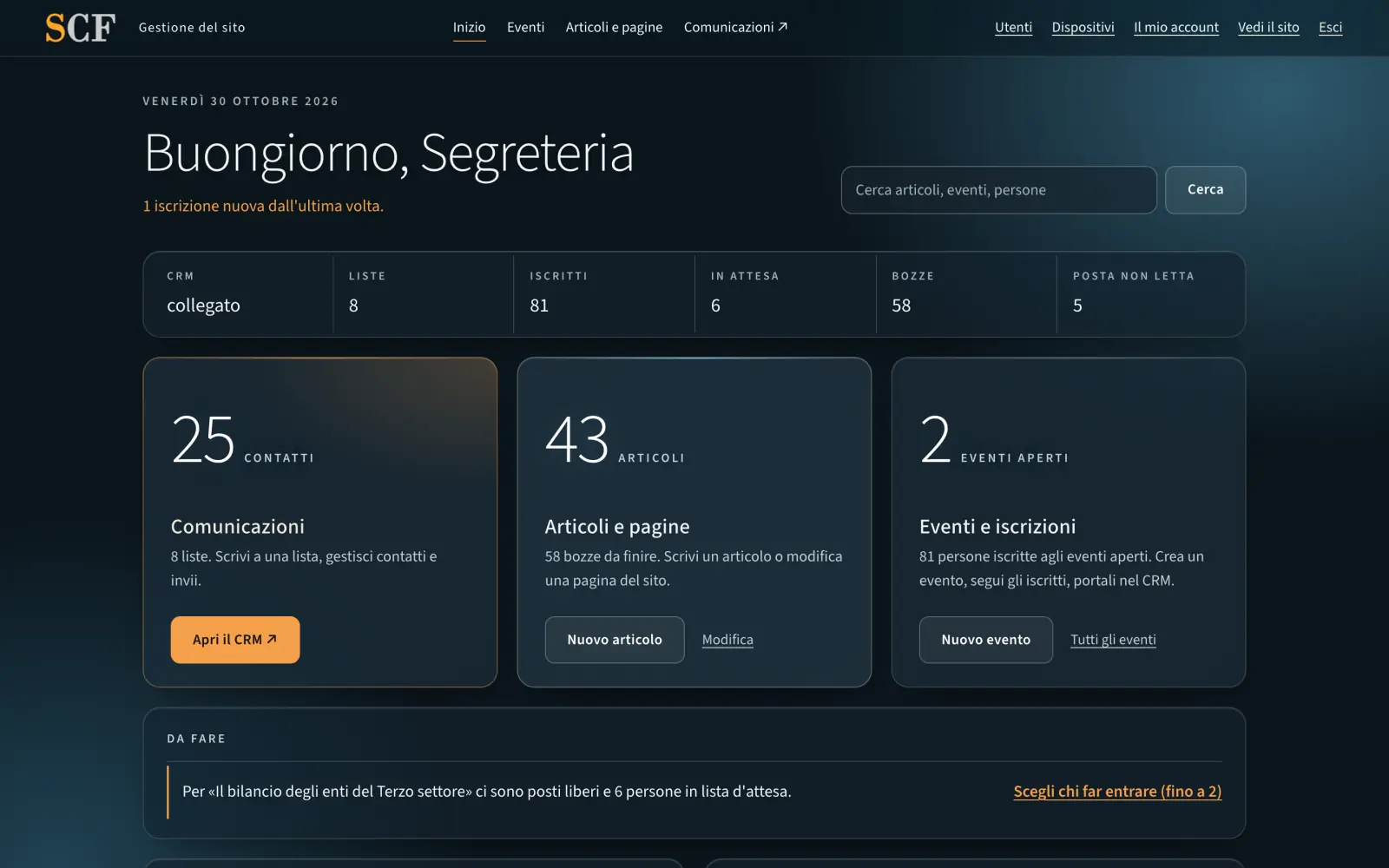 La pagina iniziale del pannello di gestione di SCF: iscritti, persone in attesa, bozze, grafico delle iscrizioni, ultime email inviate, posta in arrivo e prossimi eventi, con dati inventati