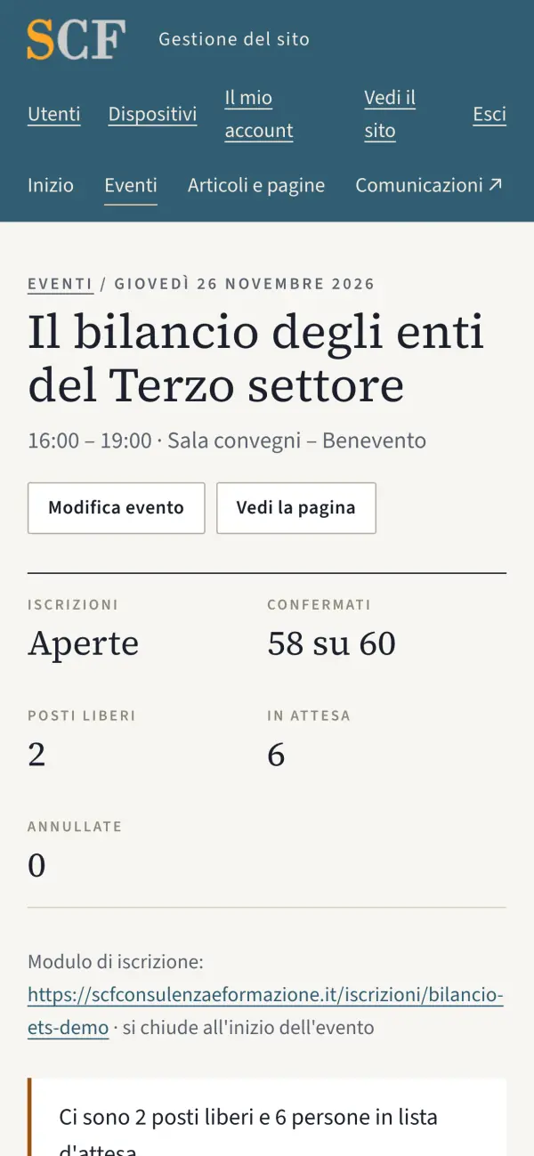 Un evento con i posti e la lista d’attesa sul telefono