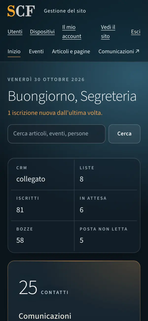 La pagina iniziale del pannello sul telefono: iscritti, attesa, bozze e posta non letta