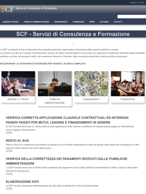 Il vecchio sito di SCF: testata grigia, menù in maiuscolo, quattro foto di repertorio e titoli degli articoli in maiuscolo